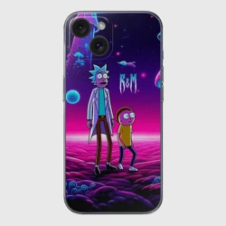 Чехол для iPhone 15 силиконовый с защитой камеры Морти и Рик на планете неоновых сказочных грибов