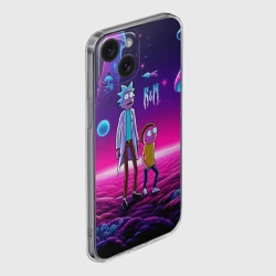 Чехол для iPhone 15 силиконовый с защитой камеры Морти и Рик на планете неоновых сказочных грибов - фото 2