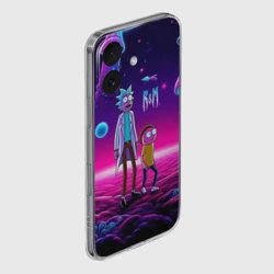 Чехол для iPhone 16 силиконовый с защитой камеры Морти и Рик на планете неоновых сказочных грибов - фото 2