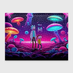 Обложка для студенческого билета Морти и Рик на планете неоновых сказочных грибов