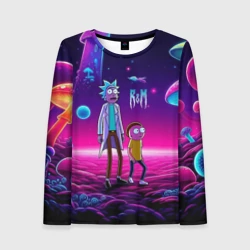 Женский лонгслив 3D Морти и Рик на планете неоновых сказочных грибов