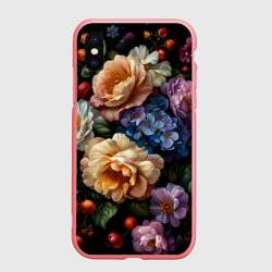 Чехол для iPhone XS Max матовый Ботаническая роспись - объемные цветочные украшения