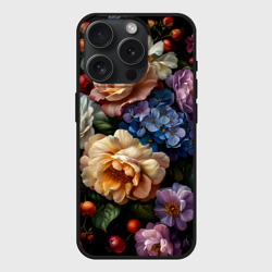 Чехол силиконовый для Apple iPhone 15 Pro Мax матовый Ботаническая роспись - объемные цветочные украшения