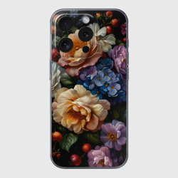 Чехол для iPhone 15 Pro Max силиконовый с защитой камеры Ботаническая роспись - объемные цветочные украшения