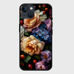 Чехол для iPhone 14 Ботаническая роспись - объемные цветочные украшения