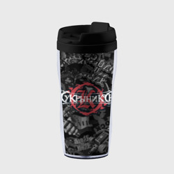 Термокружка-непроливайка Кукрыниксы логотип на фоне гитар