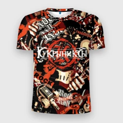 Мужская футболка 3D Slim Кукрыниксы на фоне электрогитар