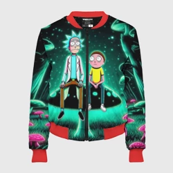 Женский бомбер 3D Рик и Морти сидят на чёрном неоновом грибе