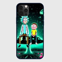 Чехол для iPhone 12 Pro Рик и Морти сидят на чёрном неоновом грибе