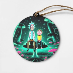 Деревянная игрушка круг Рик и Морти сидят на чёрном неоновом грибе