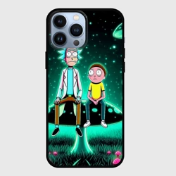 Чехол для iPhone 13 Pro Max Рик и Морти сидят на чёрном неоновом грибе