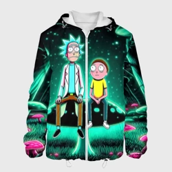 Мужская куртка 3D Рик и Морти сидят на чёрном неоновом грибе