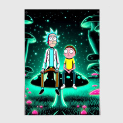 Постер Рик и Морти сидят на чёрном неоновом грибе