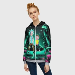 Женская толстовка 3D на молнии Рик и Морти сидят на чёрном неоновом грибе - фото 2