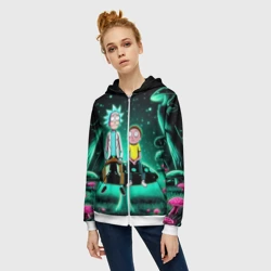Женская толстовка 3D на молнии Рик и Морти сидят на чёрном неоновом грибе - фото 2