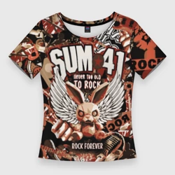 Женская футболка 3D Slim Sum 41 на фоне кролика и гитар