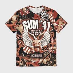 Мужская футболка 3D Sum 41 на фоне кролика и гитар