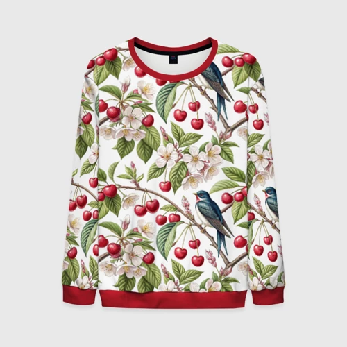 Мужской свитшот 3D с принтом Ласточка в вишневом саду, вид спереди #2