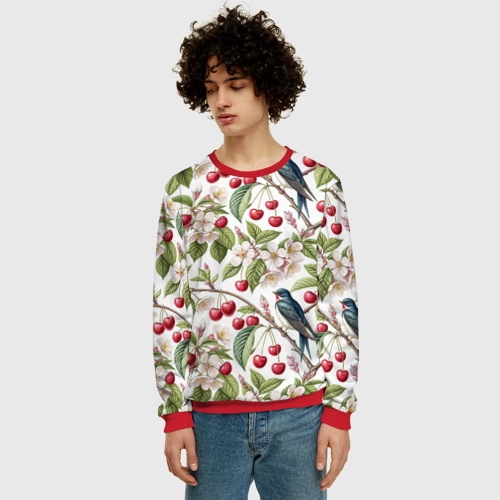 Мужской свитшот 3D с принтом Ласточка в вишневом саду, фото на моделе #1