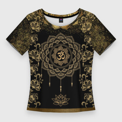 Женская футболка 3D Slim Лотос мандала и символ Ом с золотыми узорами
