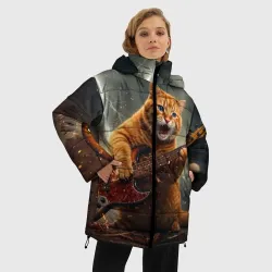 Женская зимняя куртка Oversize Рыжий кот играет рок на электрогитаре под молнией - big pictures - фото 2
