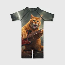 Детский купальный костюм 3D Рыжий кот играет рок на электрогитаре под молнией - big pictures