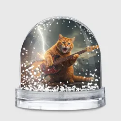 Игрушка Снежный шар Рыжий кот играет рок на электрогитаре под молнией - big pictures