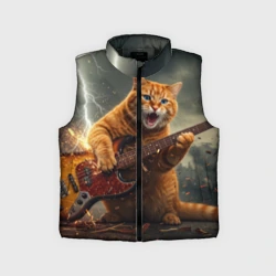 Детский жилет утепленный 3D Рыжий кот играет рок на электрогитаре под молнией - big pictures