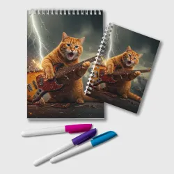 Блокнот Рыжий кот играет рок на электрогитаре под молнией - big pictures