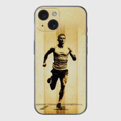 Чехол для iPhone 15 силиконовый с защитой камеры Бегун на бежевом