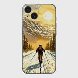 Чехол для iPhone 15 силиконовый с защитой камеры Лыжник бежевый закат