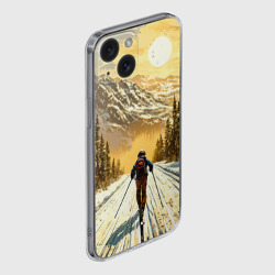 Чехол для iPhone 15 силиконовый с защитой камеры Лыжник бежевый закат - фото 2