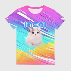 Женская футболка 3D Inzoi кошечка на радужном фоне