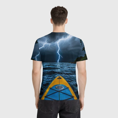 Мужская футболка 3D с принтом На сабе в грозу, вид сзади #2