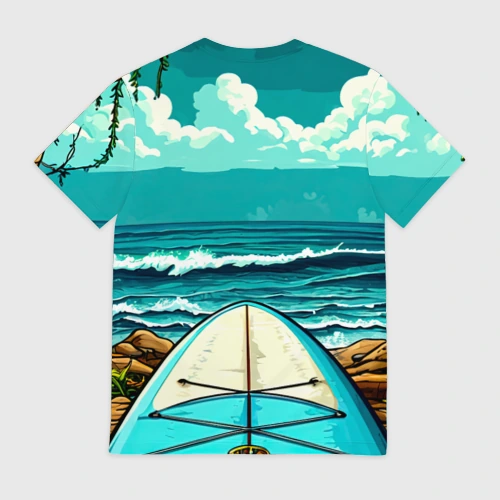 Мужская футболка 3D с принтом Sup-доска у берега океана, вид сзади #1