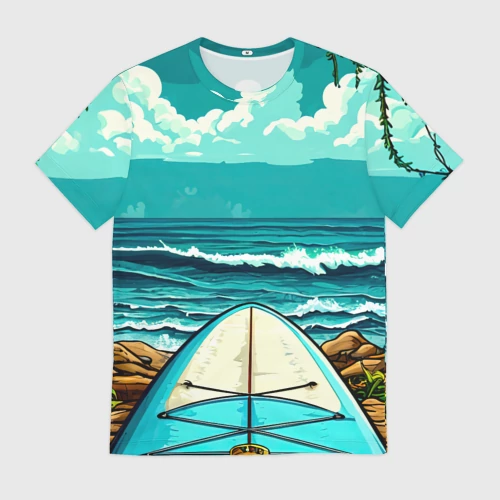 Мужская футболка 3D с принтом Sup-доска у берега океана, вид спереди #2