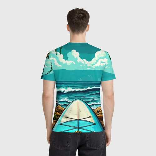 Мужская футболка 3D с принтом Sup-доска у берега океана, вид сзади #2
