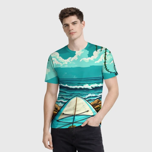 Мужская футболка 3D с принтом Sup-доска у берега океана, фото на моделе #1