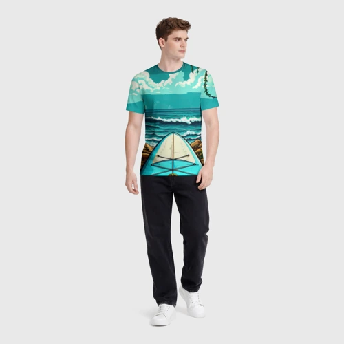 Мужская футболка 3D с принтом Sup-доска у берега океана, вид сбоку #3