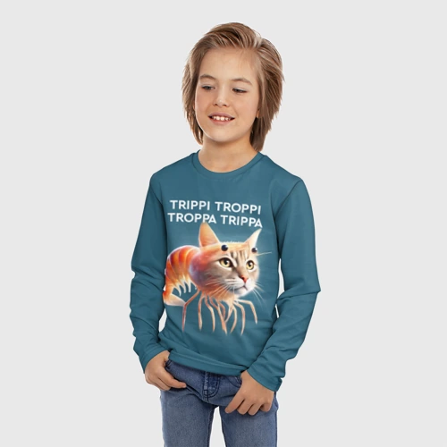 Детский лонгслив 3D с принтом Trippi troppi troppa trippa - brainrot cat meme, фото на моделе #1