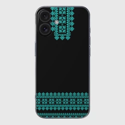 Чехол для iPhone 16 силиконовый с защитой камеры Славянские узоры и орнамент голубой - вышиванка рубаха  черная