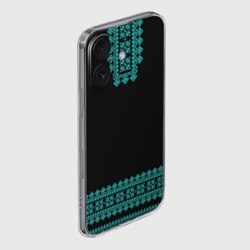 Чехол для iPhone 16 силиконовый с защитой камеры Славянские узоры и орнамент голубой - вышиванка рубаха  черная - фото 2