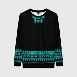 Женский свитшот 3D Славянские узоры и орнамент голубой - вышиванка рубаха  черная