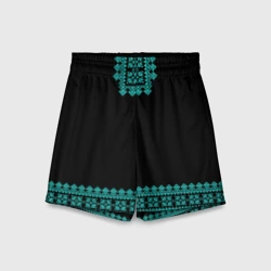 Детские спортивные шорты 3D Славянские узоры и орнамент голубой - вышиванка рубаха  черная
