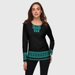 Женский лонгслив 3D Славянские узоры и орнамент голубой - вышиванка рубаха  черная - фото 2