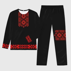 Мужской костюм для дома 3D Славянский узор и орнамент на черном - вышиванка рубаха  черная с красным