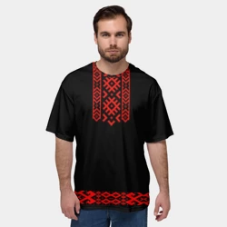 Мужская футболка oversize 3D Славянский узор и орнамент на черном - вышиванка рубаха  черная с красным - фото 2