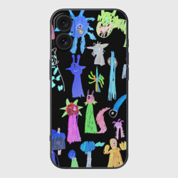 Чехол для iPhone 16 силиконовый с защитой камеры Яркие монстры на черном фоне