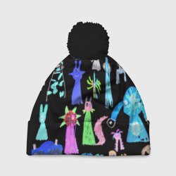Шапка 3D c помпоном Яркие монстры на черном фоне