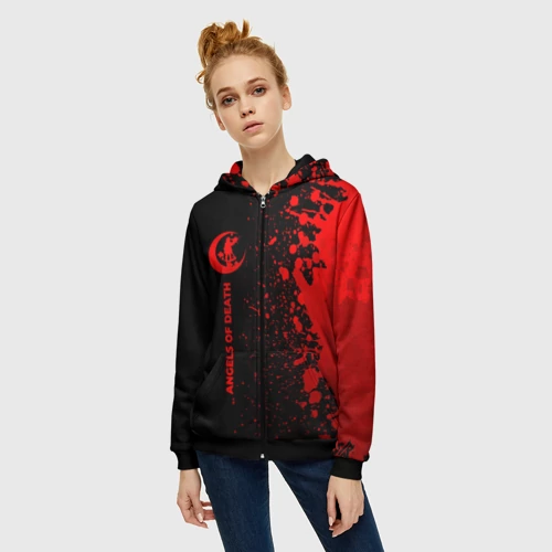 Женская толстовка 3D на молнии с принтом Angels of Death - red gradient по-вертикали, фото на моделе #1